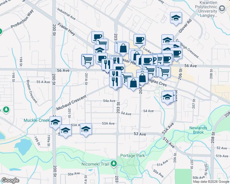 map of restaurants, bars, coffee shops, grocery stores, and more near 5499 203 Street in Langley