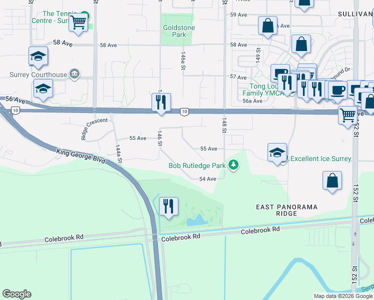 map of restaurants, bars, coffee shops, grocery stores, and more near 5501 Bakerview Drive in Surrey