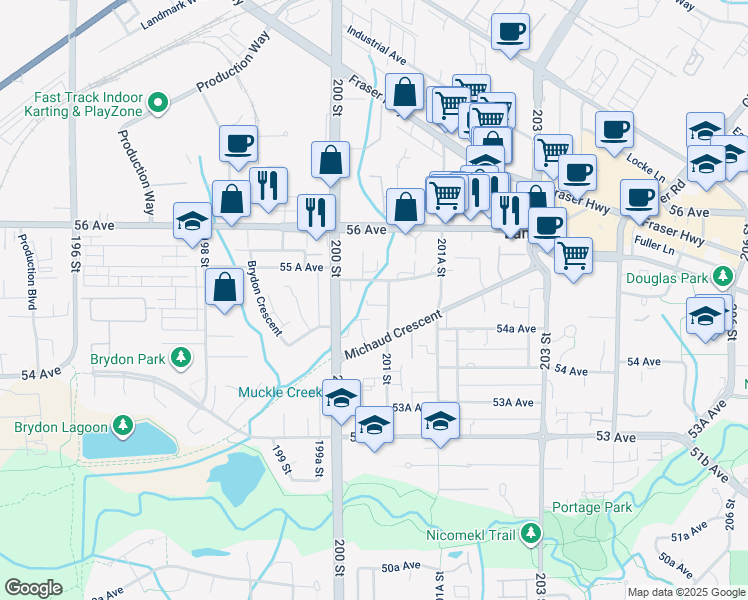 map of restaurants, bars, coffee shops, grocery stores, and more near 5489 201 Street in Langley