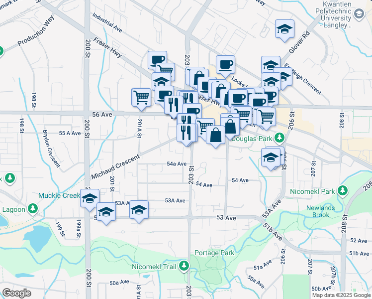 map of restaurants, bars, coffee shops, grocery stores, and more near 5499 203 Street in Langley