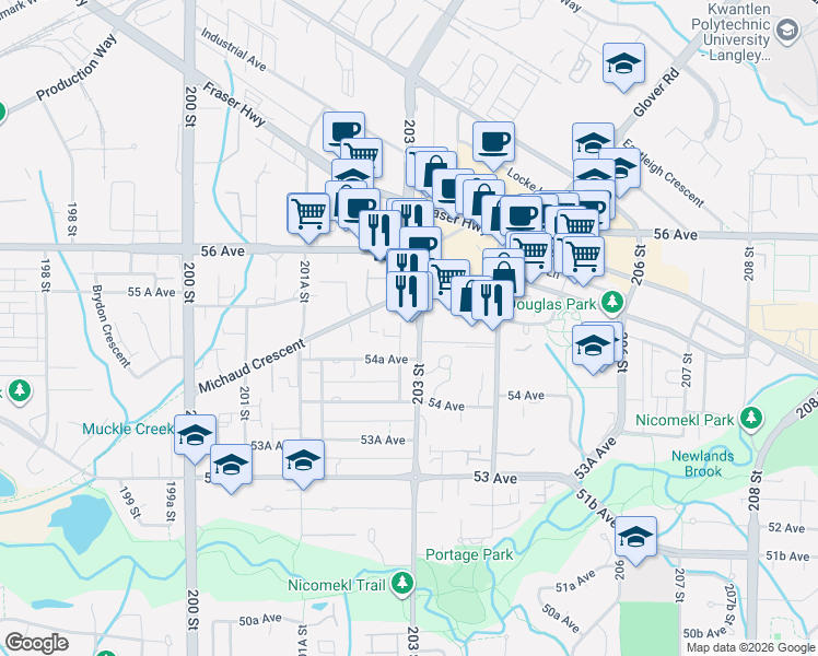 map of restaurants, bars, coffee shops, grocery stores, and more near 5499 203 Street in Langley