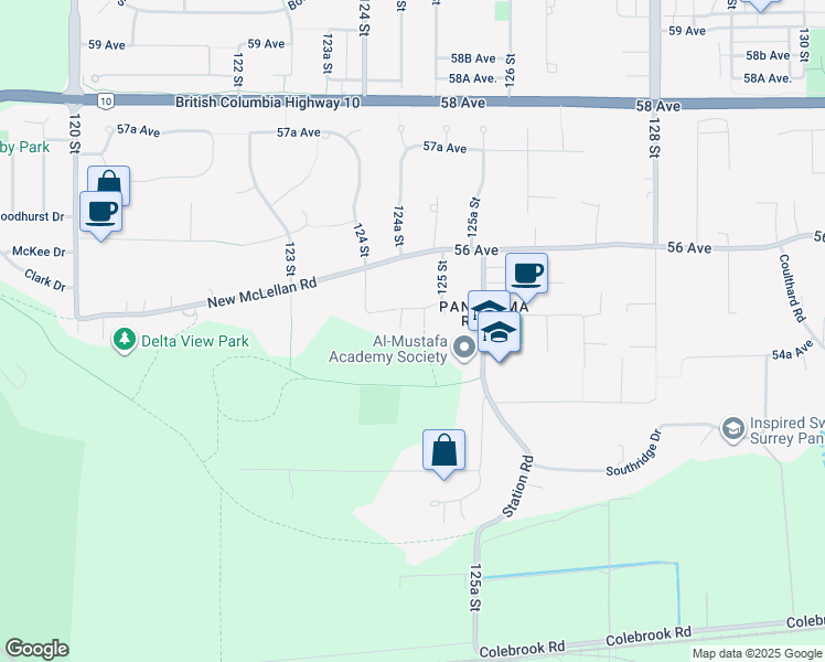 map of restaurants, bars, coffee shops, grocery stores, and more near 5479 124B Street in Surrey