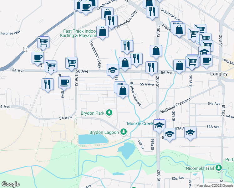 map of restaurants, bars, coffee shops, grocery stores, and more near 5488 198 Street in Langley