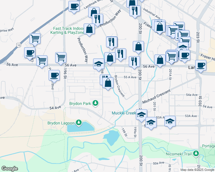 map of restaurants, bars, coffee shops, grocery stores, and more near 5488 198 Street in Langley