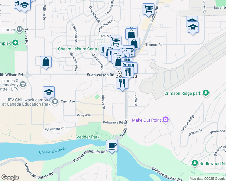 map of restaurants, bars, coffee shops, grocery stores, and more near Dundurn Avenue in Chilliwack