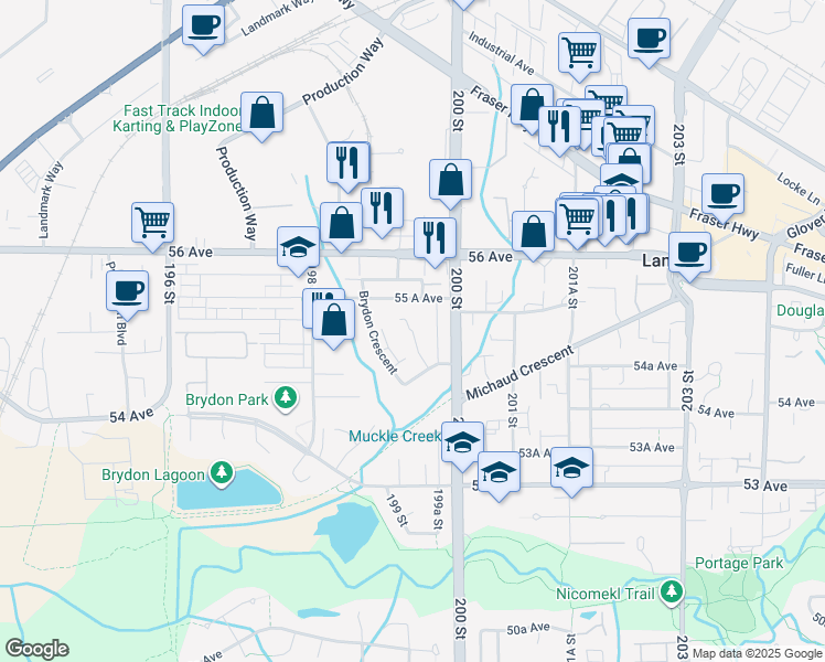 map of restaurants, bars, coffee shops, grocery stores, and more near 7506 199A Street in Langley