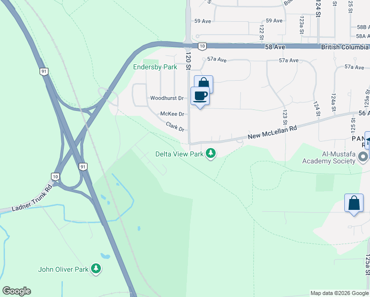 map of restaurants, bars, coffee shops, grocery stores, and more near 5455 120 Street in Delta