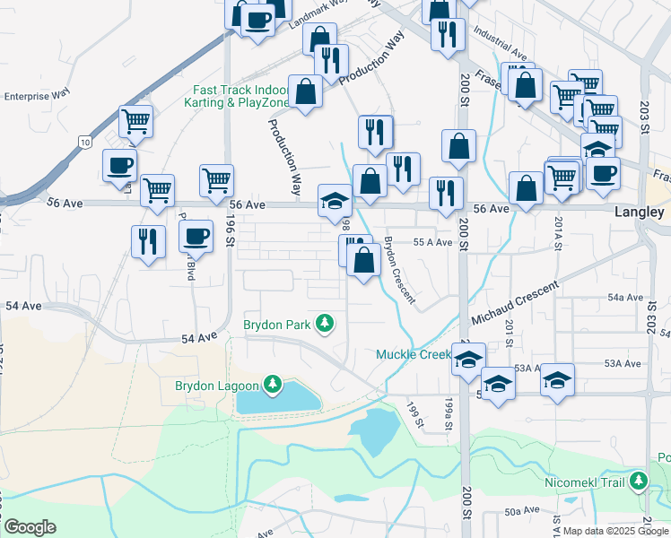 map of restaurants, bars, coffee shops, grocery stores, and more near 19789 55 Avenue in Langley