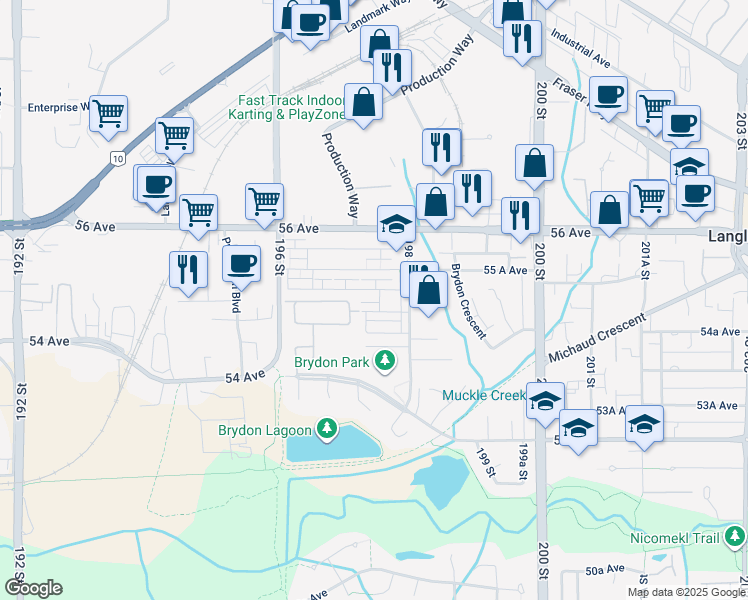map of restaurants, bars, coffee shops, grocery stores, and more near 19749 55 Avenue in Langley