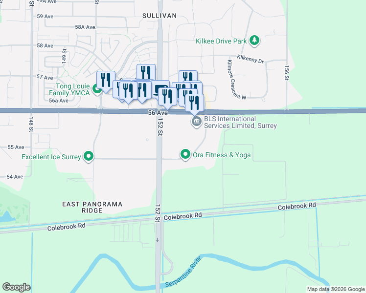 map of restaurants, bars, coffee shops, grocery stores, and more near 15288 54A Avenue in Surrey