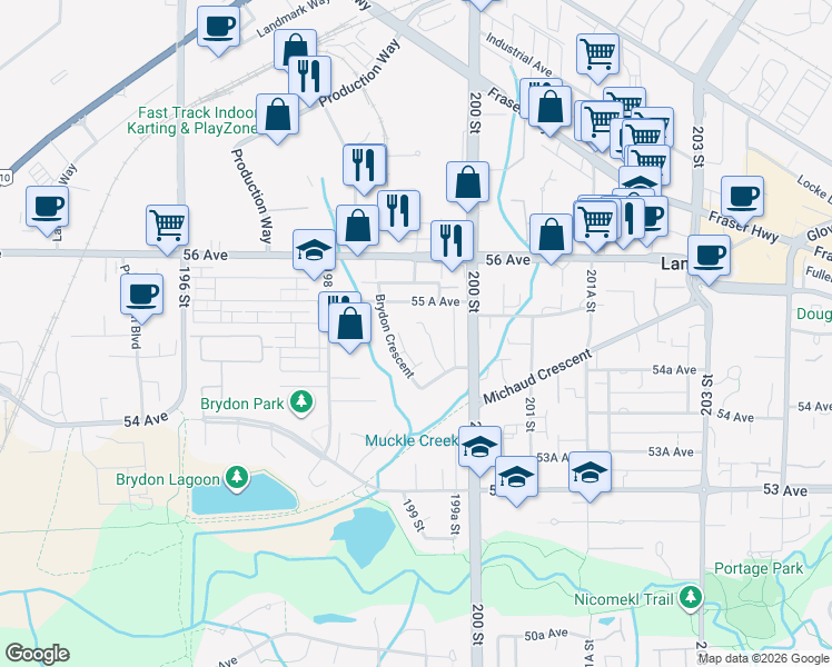 map of restaurants, bars, coffee shops, grocery stores, and more near 5515 199A Street in Langley