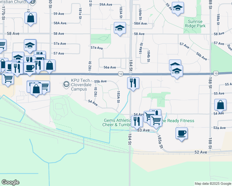 map of restaurants, bars, coffee shops, grocery stores, and more near 5533 183A Street in Surrey