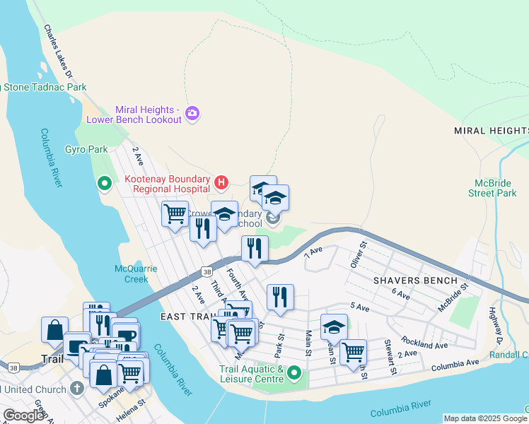 map of restaurants, bars, coffee shops, grocery stores, and more near 1300 Frances Moran Road in Trail