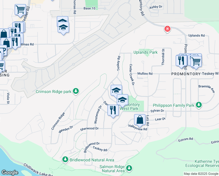 map of restaurants, bars, coffee shops, grocery stores, and more near 4811 Teskey Road in Chilliwack