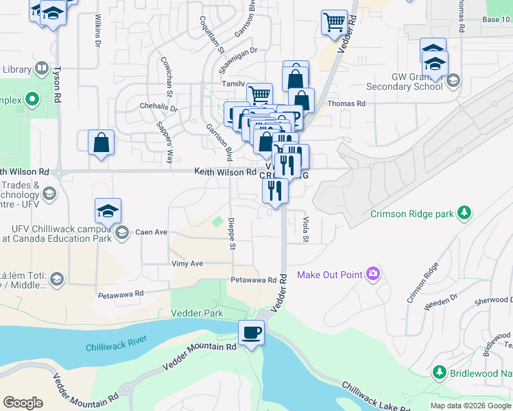 map of restaurants, bars, coffee shops, grocery stores, and more near 45500 Campus Drive in Chilliwack