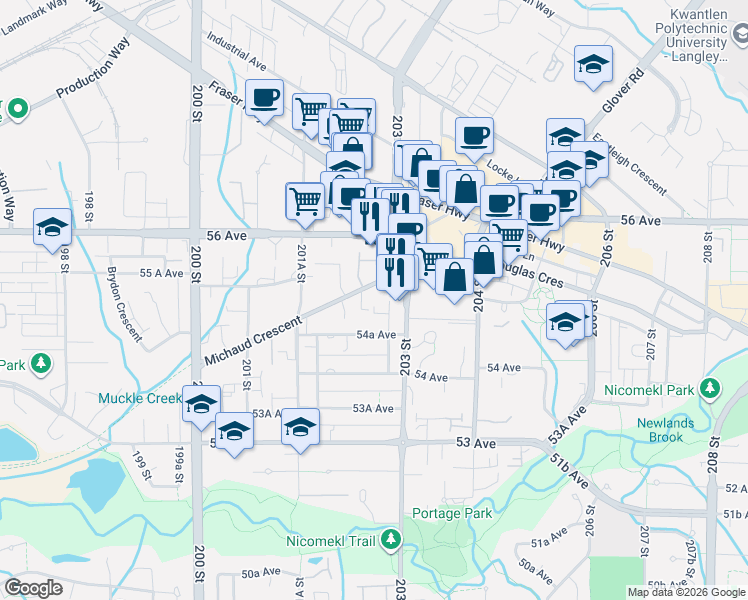 map of restaurants, bars, coffee shops, grocery stores, and more near 20258 Michaud Crescent in Langley
