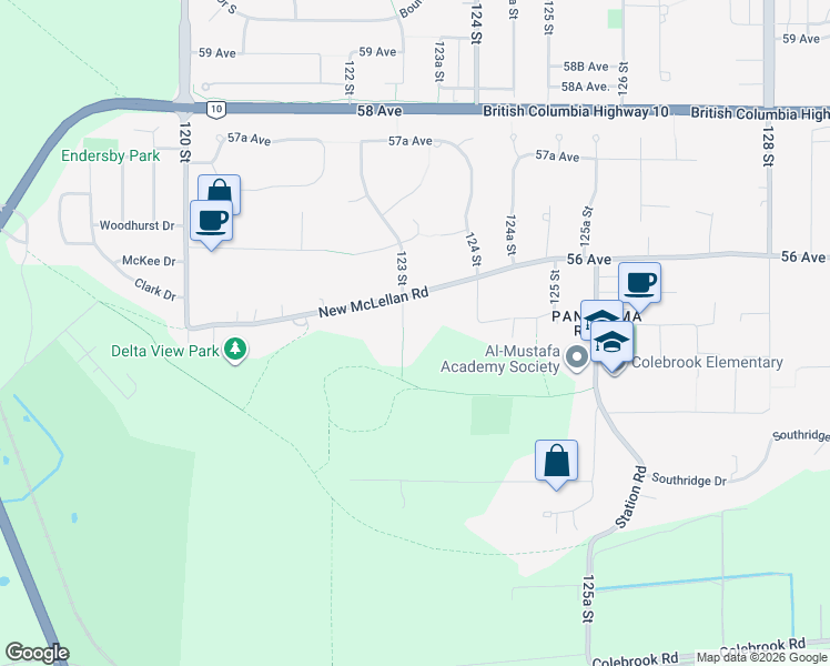 map of restaurants, bars, coffee shops, grocery stores, and more near 5484 123 Street in Surrey