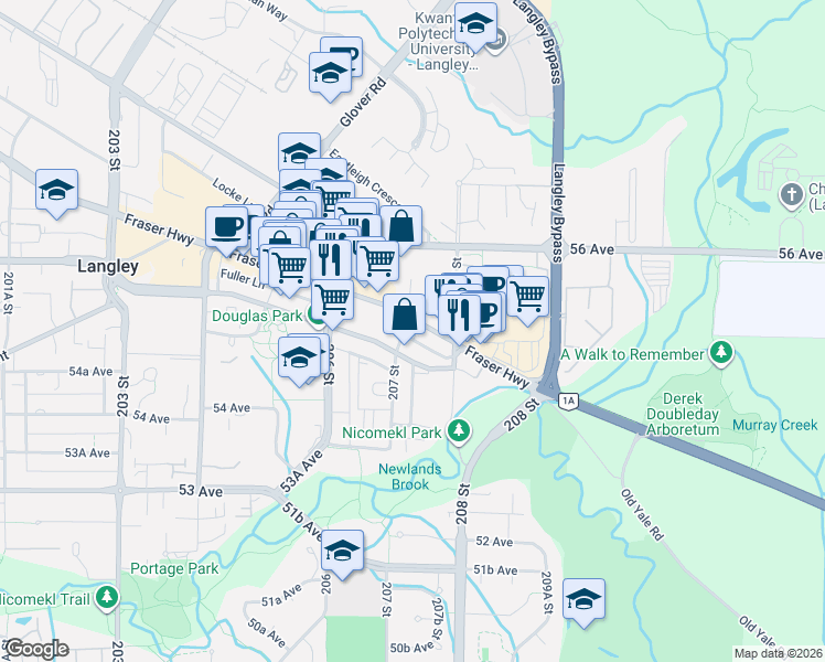 map of restaurants, bars, coffee shops, grocery stores, and more near 20728 Fraser Highway in Langley