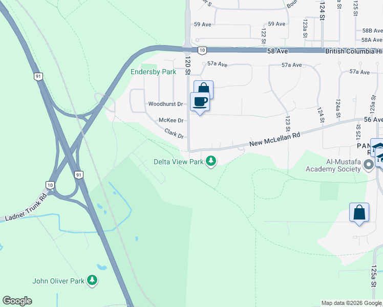 map of restaurants, bars, coffee shops, grocery stores, and more near 12008 120 Street in Delta