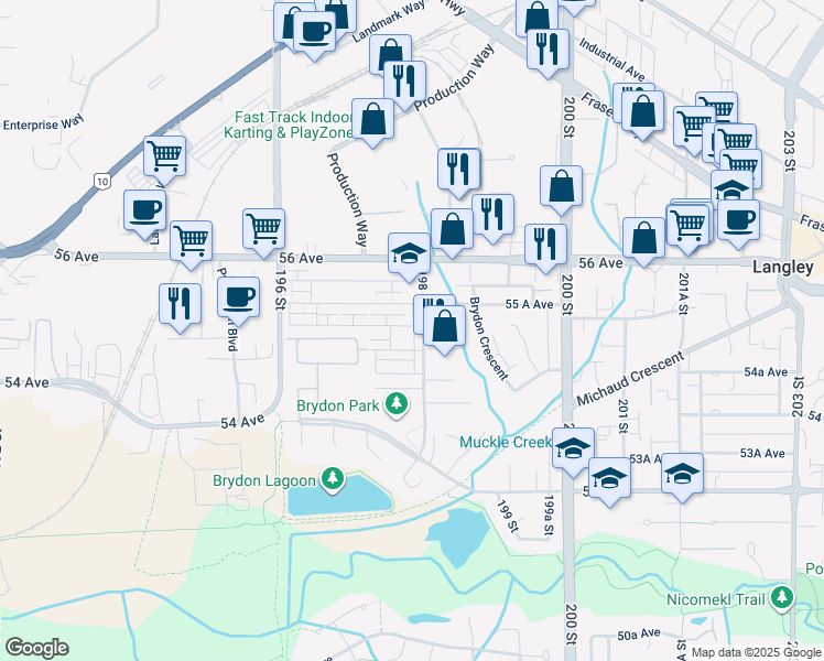 map of restaurants, bars, coffee shops, grocery stores, and more near 5509 198 Street in Langley