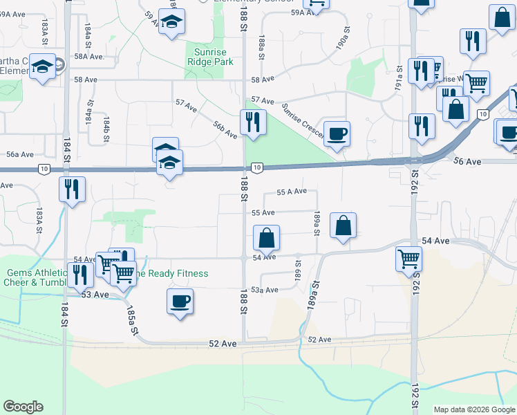 map of restaurants, bars, coffee shops, grocery stores, and more near 5517 188A Street in Surrey