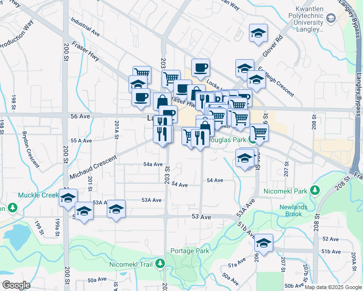 map of restaurants, bars, coffee shops, grocery stores, and more near 5501 204 Street in Langley City
