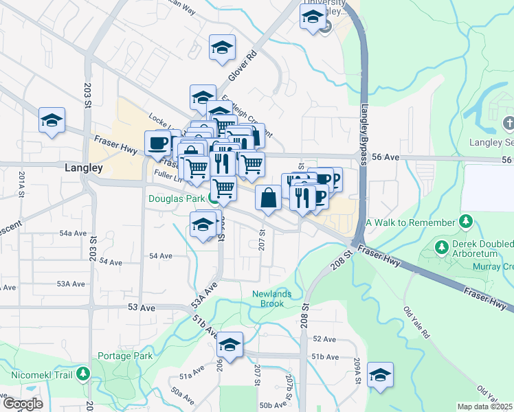 map of restaurants, bars, coffee shops, grocery stores, and more near 20676 Fraser Highway in Langley City