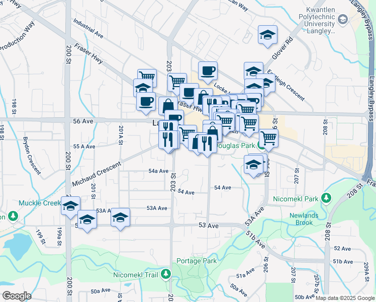 map of restaurants, bars, coffee shops, grocery stores, and more near in Langley City