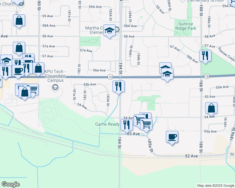 map of restaurants, bars, coffee shops, grocery stores, and more near 55 184 Street in Surrey