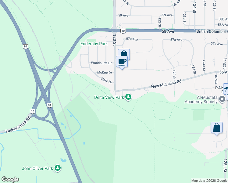 map of restaurants, bars, coffee shops, grocery stores, and more near 12008 120 Street in Delta