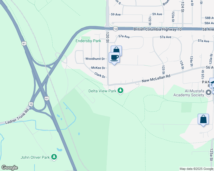 map of restaurants, bars, coffee shops, grocery stores, and more near 5455 120 Street in Delta