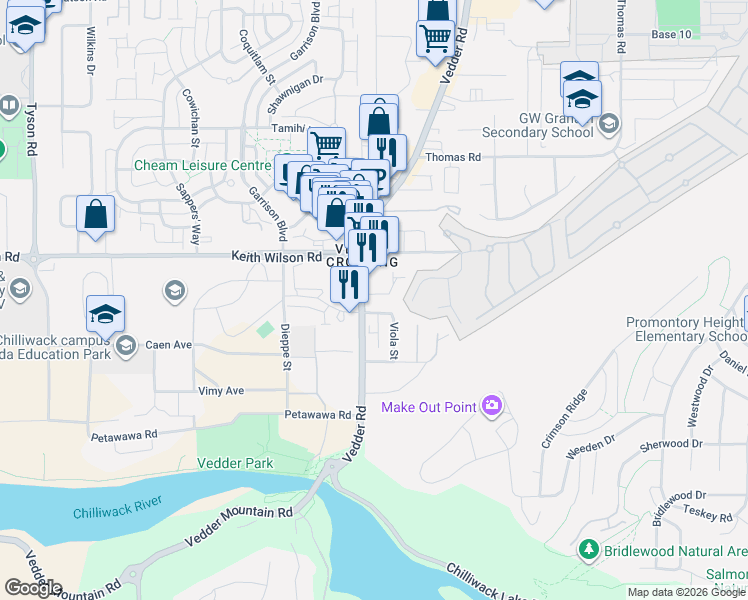 map of restaurants, bars, coffee shops, grocery stores, and more near 5536 Vedder Road in Chilliwack