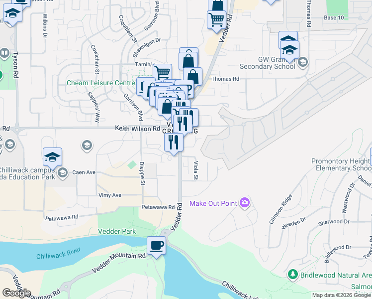 map of restaurants, bars, coffee shops, grocery stores, and more near 5536 Vedder Road in Chilliwack