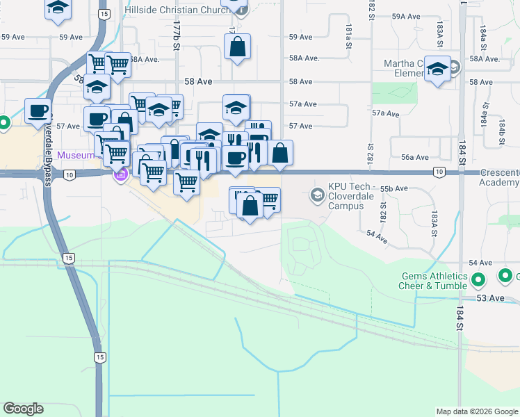 map of restaurants, bars, coffee shops, grocery stores, and more near 17957 55 Avenue in Surrey