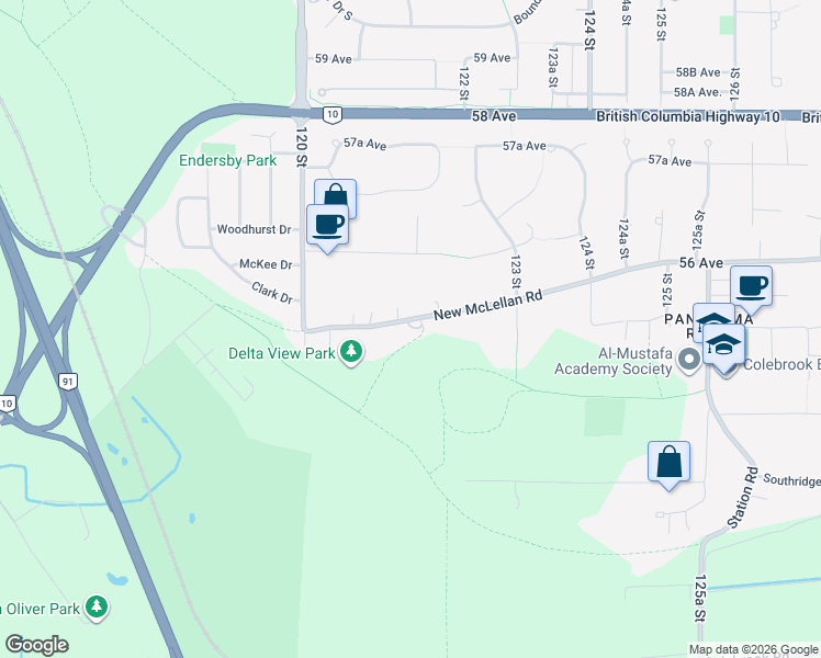 map of restaurants, bars, coffee shops, grocery stores, and more near 12136 New McLellan Road in Surrey