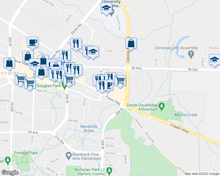 map of restaurants, bars, coffee shops, grocery stores, and more near 20821 Fraser Highway in Langley
