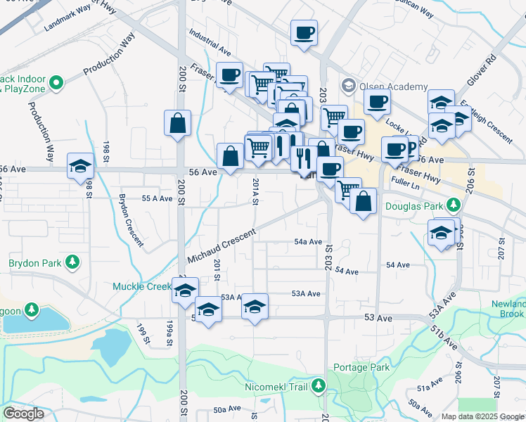 map of restaurants, bars, coffee shops, grocery stores, and more near 5556 201A Street in Langley