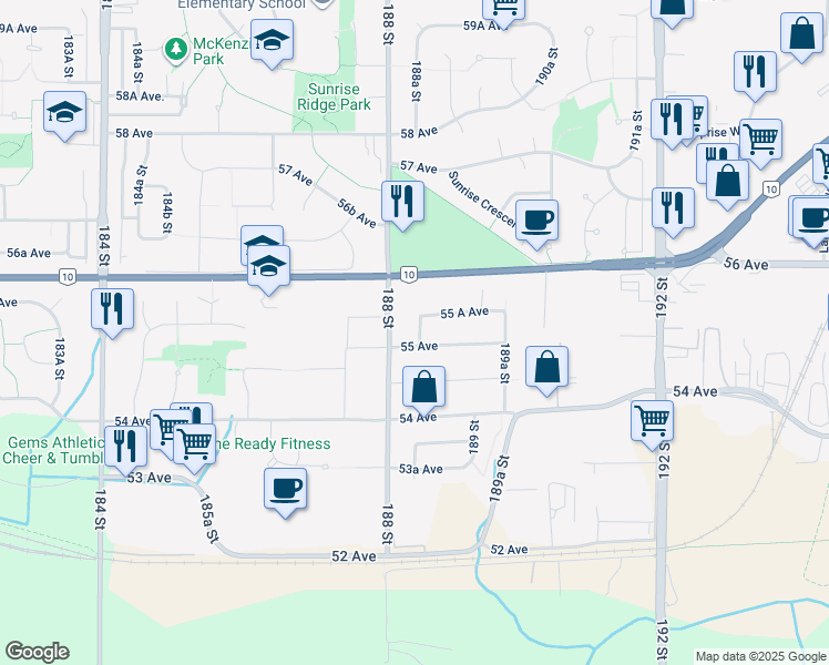 map of restaurants, bars, coffee shops, grocery stores, and more near 5529 188A Street in Surrey