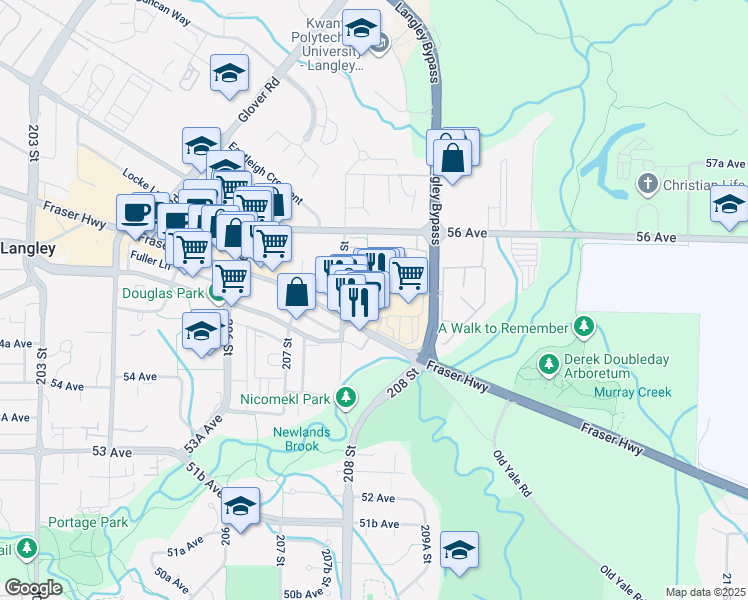map of restaurants, bars, coffee shops, grocery stores, and more near 20821 Fraser Highway in Langley