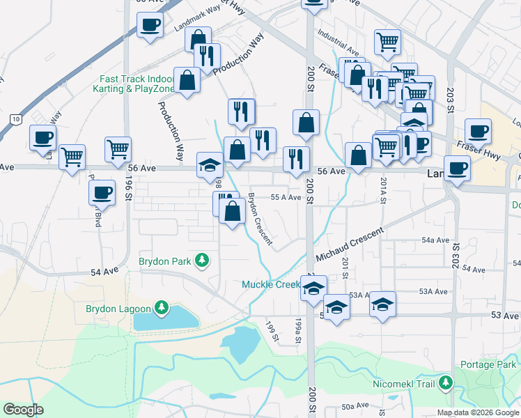 map of restaurants, bars, coffee shops, grocery stores, and more near 5504 Brydon Crescent in Langley