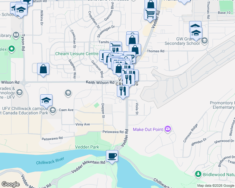 map of restaurants, bars, coffee shops, grocery stores, and more near 45497 Campus Drive in Chilliwack