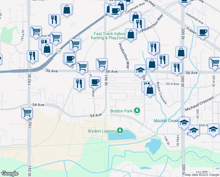 map of restaurants, bars, coffee shops, grocery stores, and more near 19628 55 A Avenue in Langley