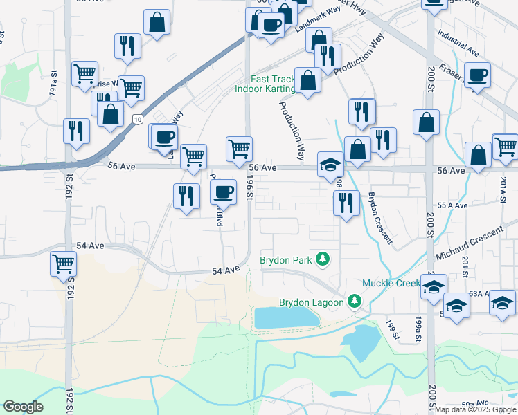 map of restaurants, bars, coffee shops, grocery stores, and more near 19628 55 A Avenue in Langley