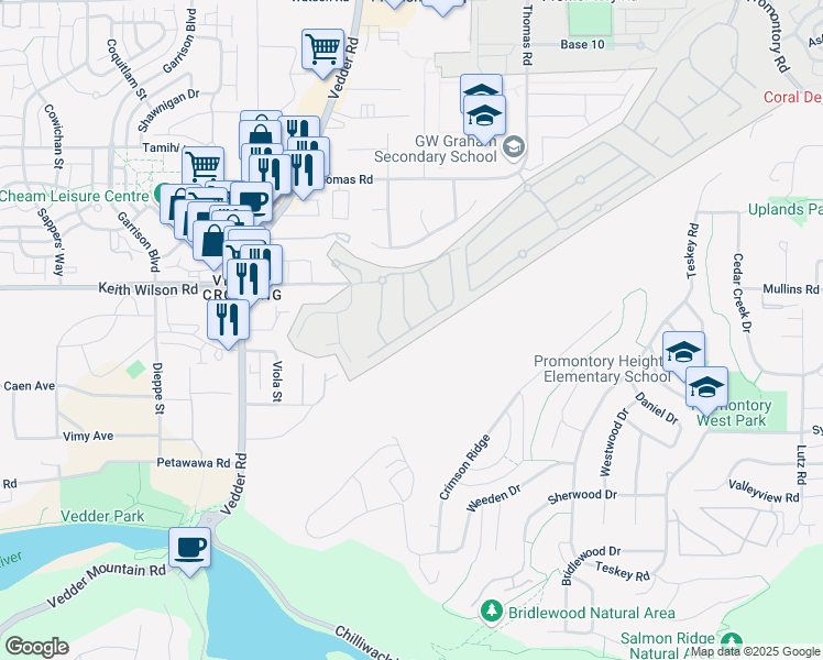 map of restaurants, bars, coffee shops, grocery stores, and more near Foxridge Crescent South in Chilliwack
