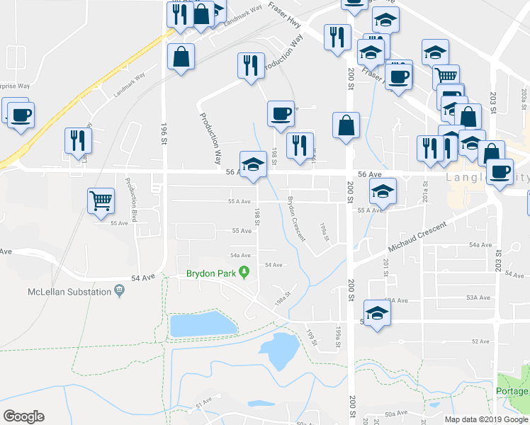 map of restaurants, bars, coffee shops, grocery stores, and more near 5509 198 Street in Langley