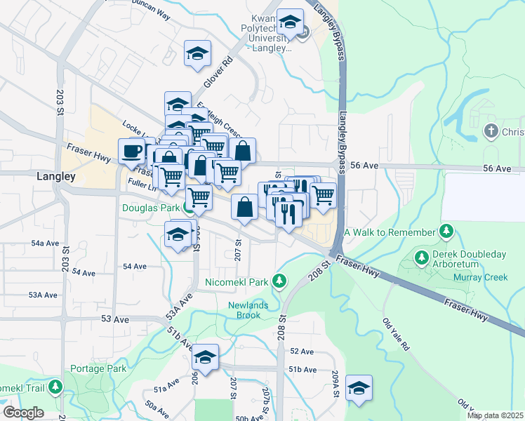 map of restaurants, bars, coffee shops, grocery stores, and more near 20769 Fraser Highway in Langley