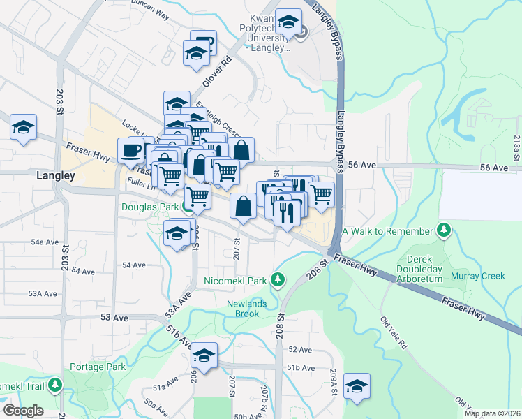 map of restaurants, bars, coffee shops, grocery stores, and more near 20769 Fraser Highway in Langley