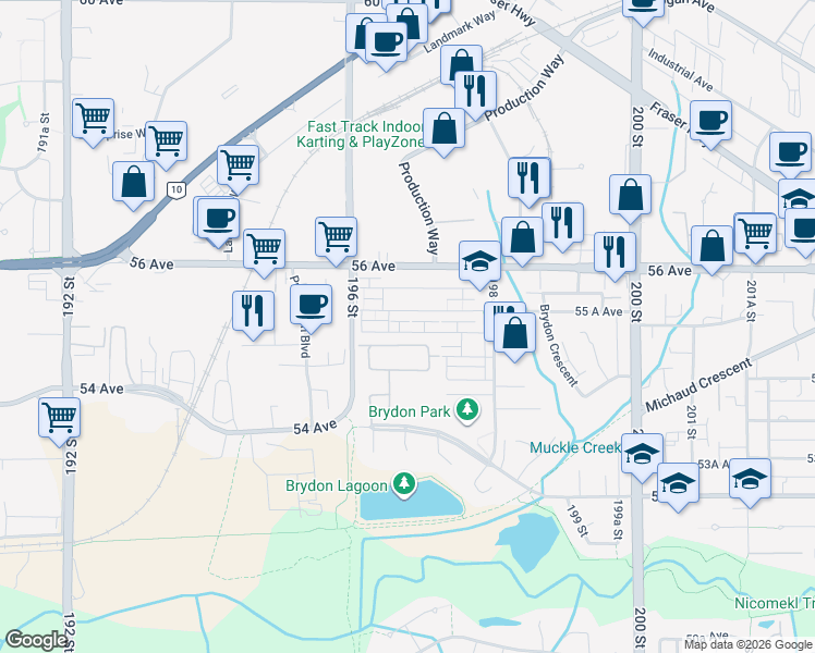 map of restaurants, bars, coffee shops, grocery stores, and more near 19670 55 A Avenue in Langley