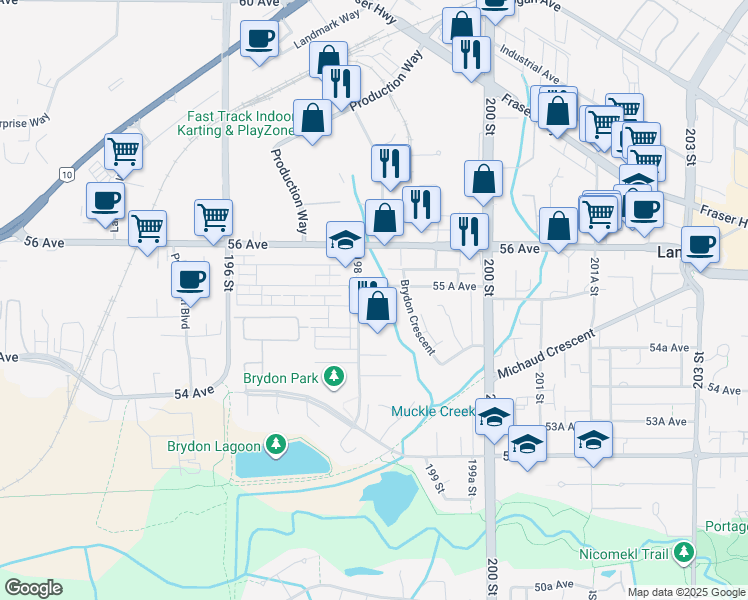 map of restaurants, bars, coffee shops, grocery stores, and more near 5516 198 Street in Langley