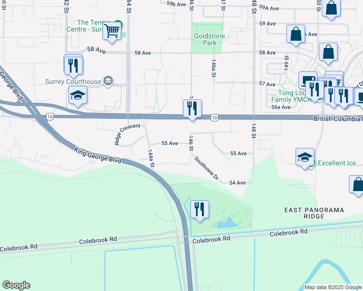 map of restaurants, bars, coffee shops, grocery stores, and more near 14558 55 Avenue in Surrey